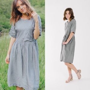 Oversized Dress Stripes Women Piper & Scoot Waterford Gray Boxy Short Sleeve NWT